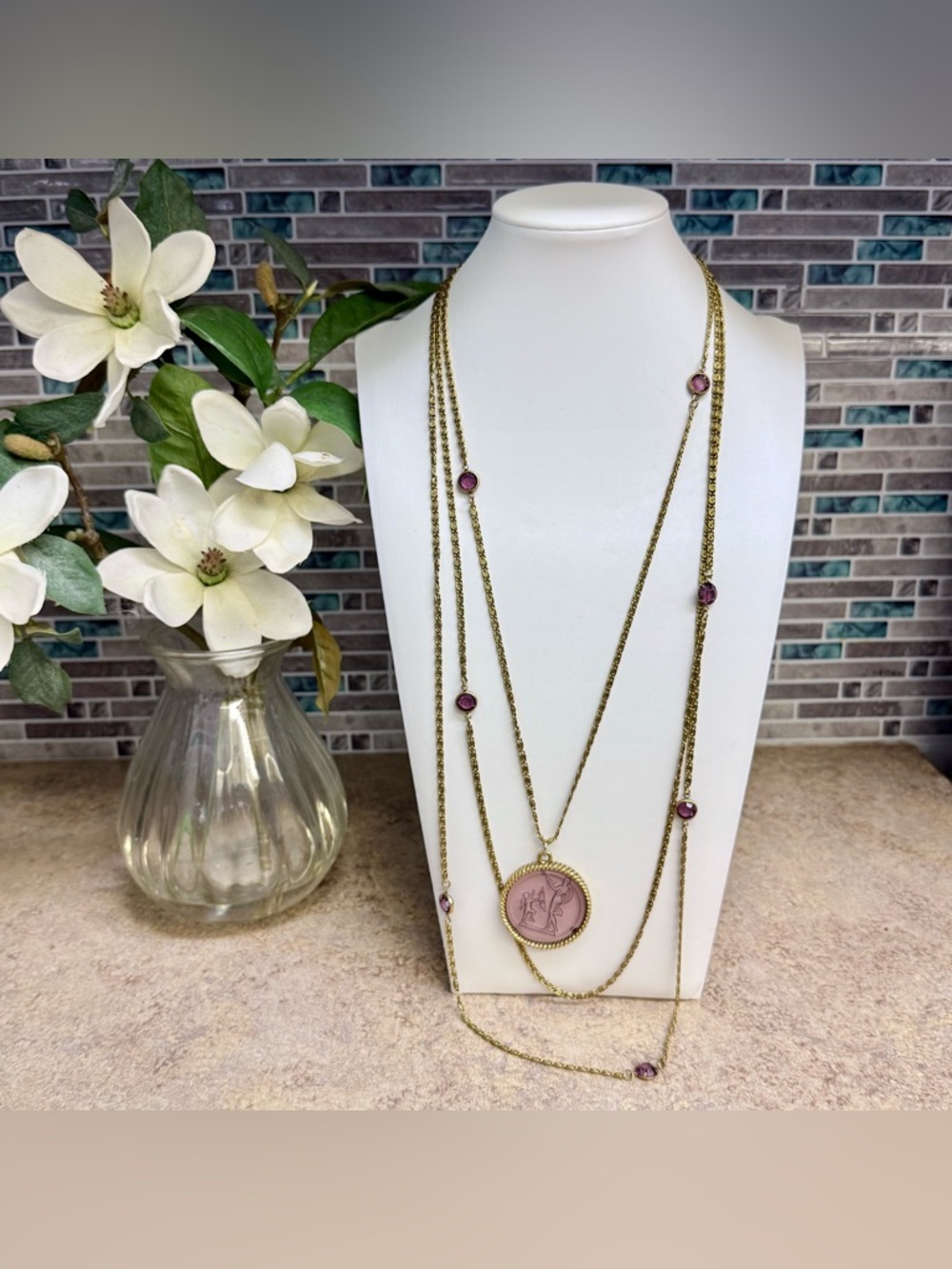 Vintage Goldette purple crystal 3 strand Intaglio necklace